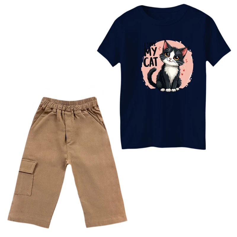 ست تی‌شرت و شلوارک دخترانه مدل گربه