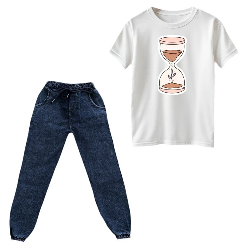 ست تی‌شرت و شلوار دخترانه مدل ساعت شنی