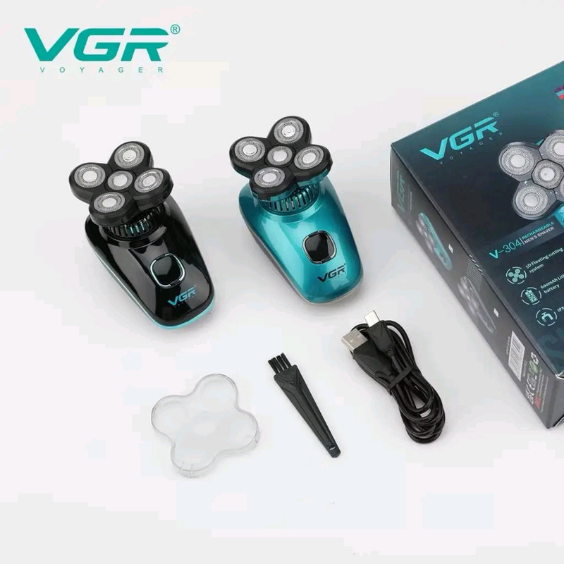 ماشین اصلاح موی سر و صورت شارژی وی جی ار مدل V-304 با سیستم برش شناور 5 بعدی، تیغه استیل ضد زنگ، باتری لیتیومی 600 میلی‌آمپر ساعت، شارژ سریع USB، نمایشگر LED میزان شارژ، ضد آب IPX6، قابل استفاده خشک و مرطوب
