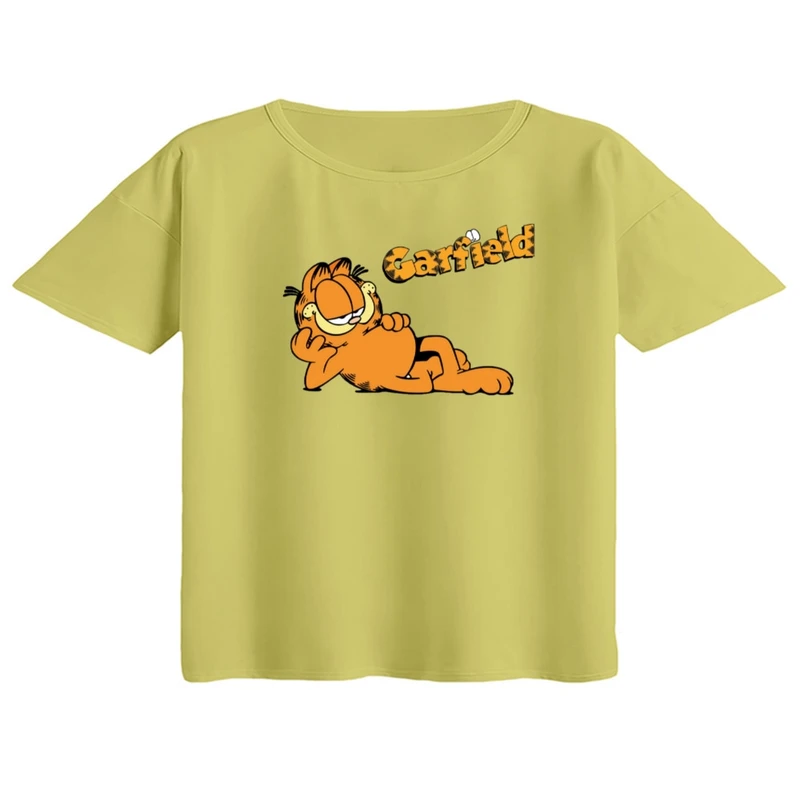 کراپ تی‌شرت آستین کوتاه زنانه مدل گارفیلد کد ۲ رنگ لیمویی