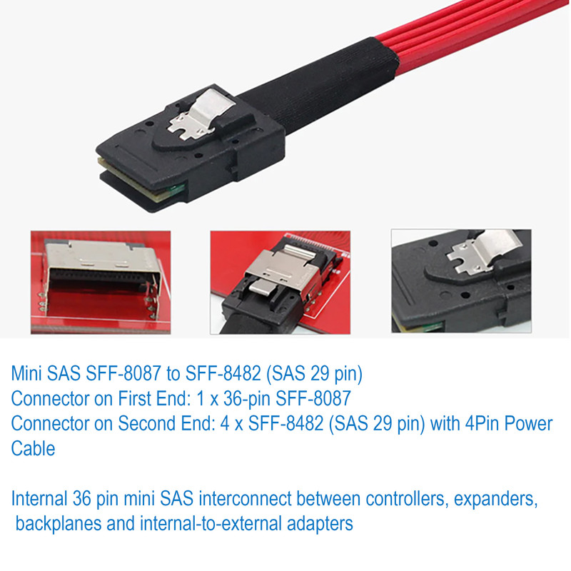 کابل تبدیل Mini SAS SFF-8087 به 4 پورت SFF-8482 29-Pin با برق 4 پین اسمارطور مدل SM81 طول 1 متر