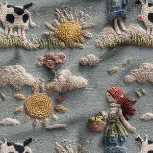 پارچه ملحفه عرض 1.5 متر پارچه باما طرح پنج بعدی دختر روستا کد 5015159 رنگ نقرآبی