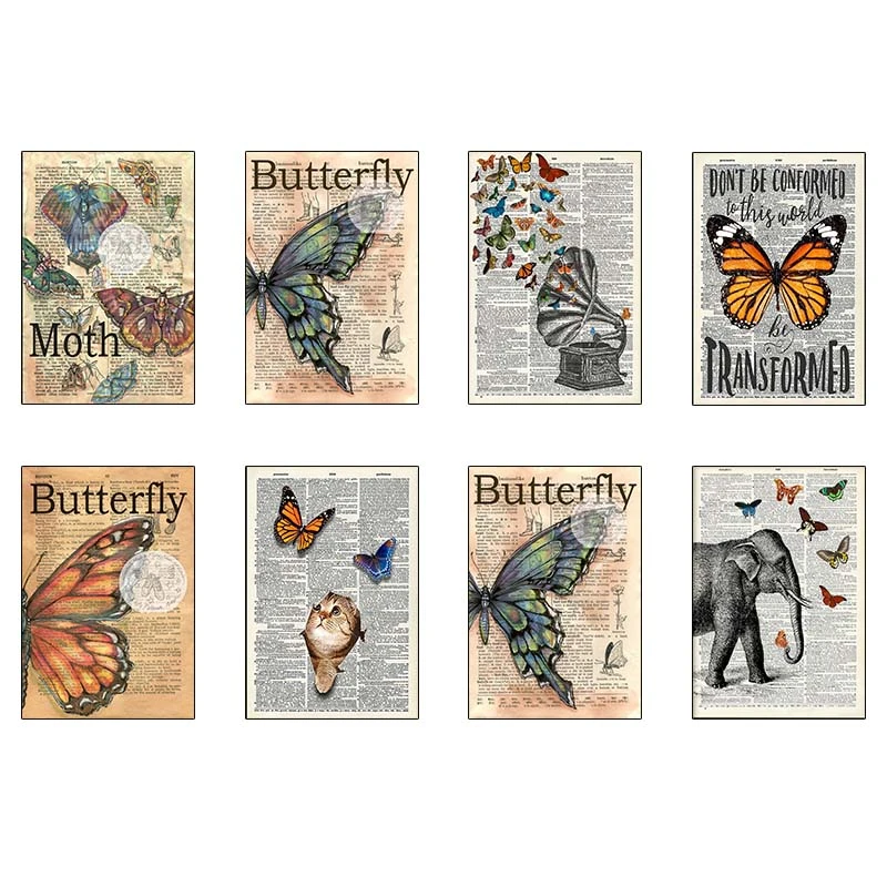 پوستر کارنيکا طرح روزنامه وینتج پروانه Vintage Newspaper Butterfly کد 48198 مجموعه 8 عددی