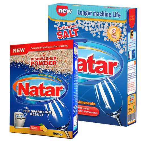 پودر ماشین ظرفشویی ناتار مدل لیمو  وزن 900 گرم به همراه نمک ماشین ظرفشویی ناتار مدل اکتیو وزن 2000 گرم
