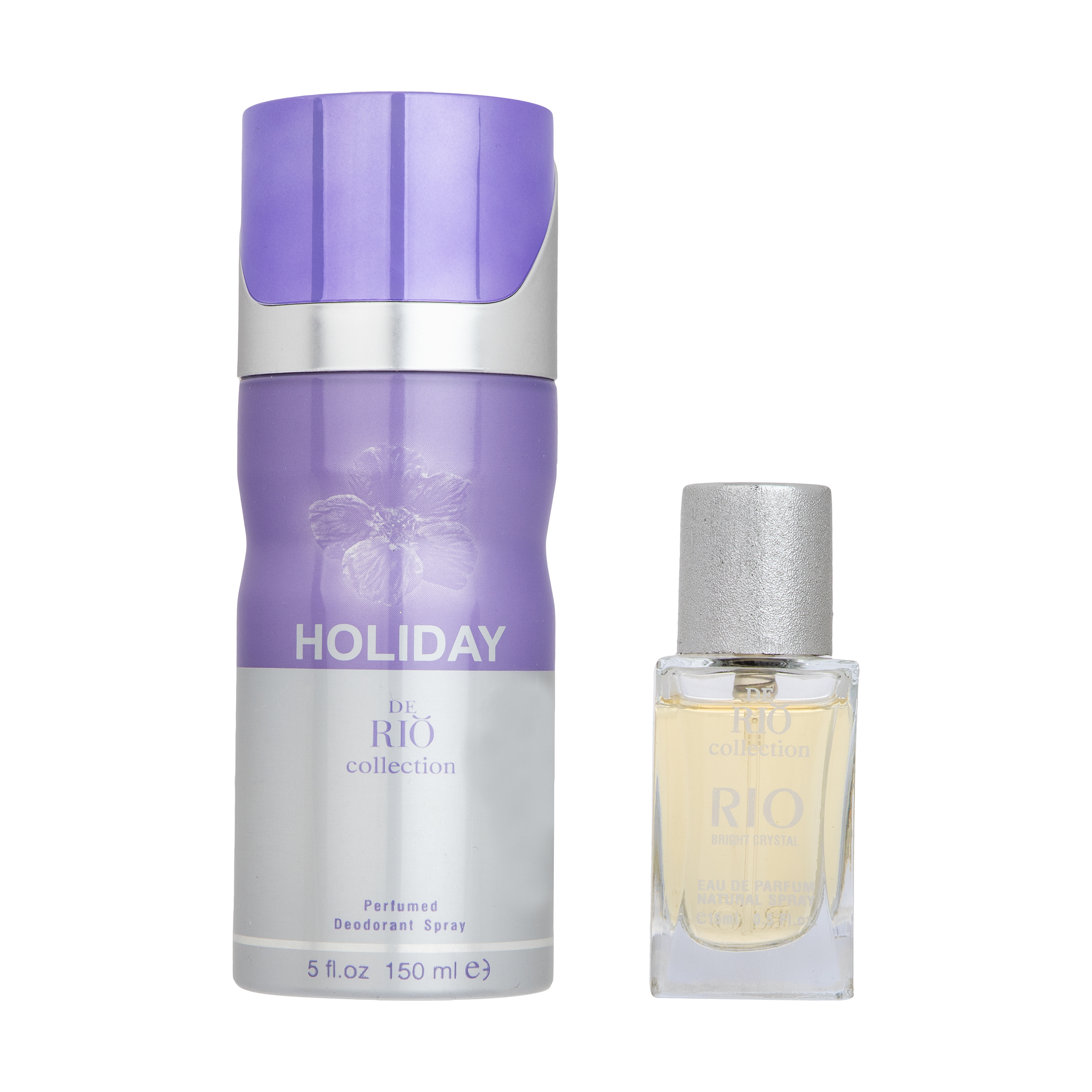 عطر جیبی زنانه ریو کالکشن مدل Bright Cristal حجم 15 میلی لیتر به همراه اسپری بدن زنانه مدل Holiday حجم 150 میلی لیتر 