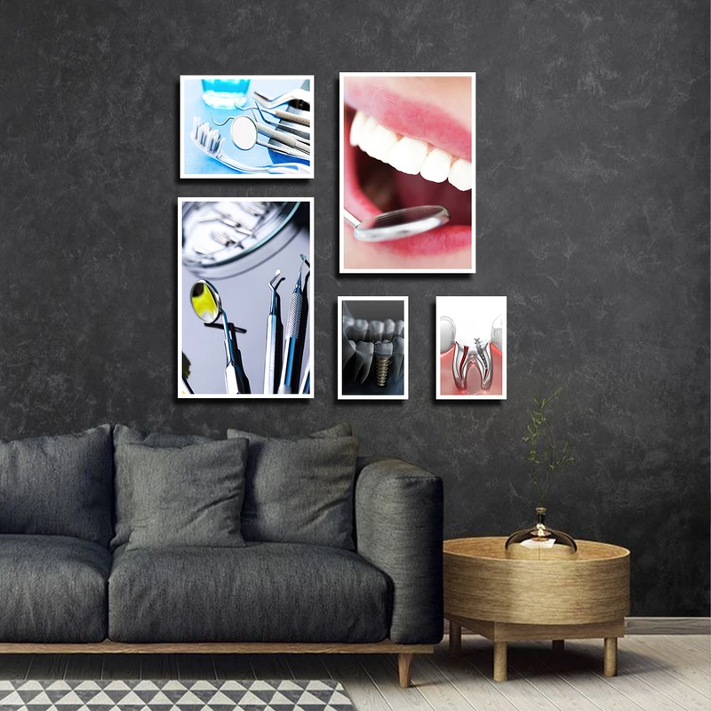 تابلو بکلیت طرح ابراز دندانپزشکی و دندان مدل W-3259 فریم سفید مجموعه 5 عددی