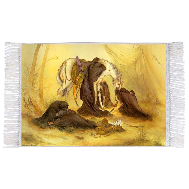 فرش ماشینی دیوارکوب اطلس آبی طرح اسب امام حسین ذوالجناح مدل T2963 