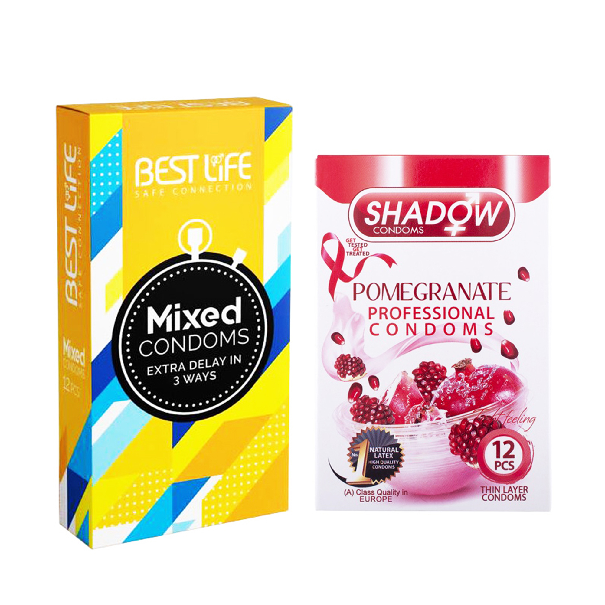کاندوم بست لایف مدل Mixed بسته 12 عددی به همراه کاندوم شادو مدل Pomegranate بسته 12 عددی