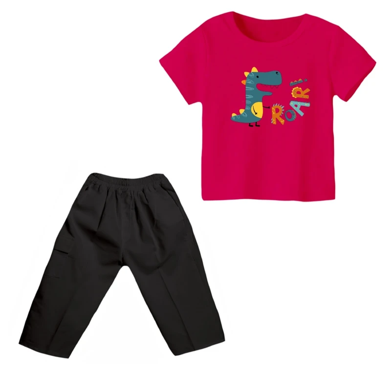 ست تی شرت و شلوارک پسرانه مدل دایناسور کد ۲۴ رنگ سرخابی