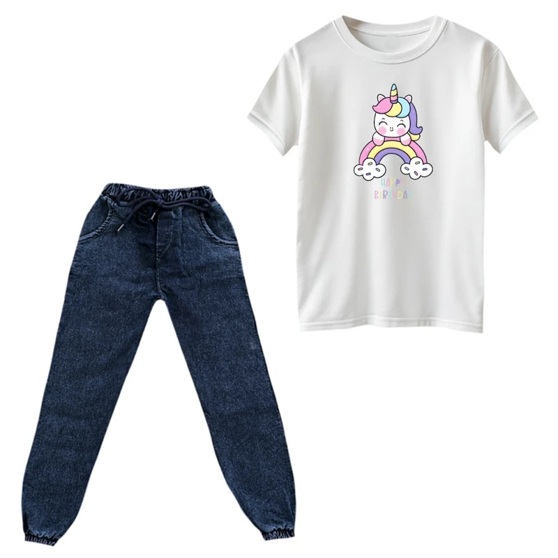 ست تی‌شرت و شلوار دخترانه مدل یونیکورن کد ۷