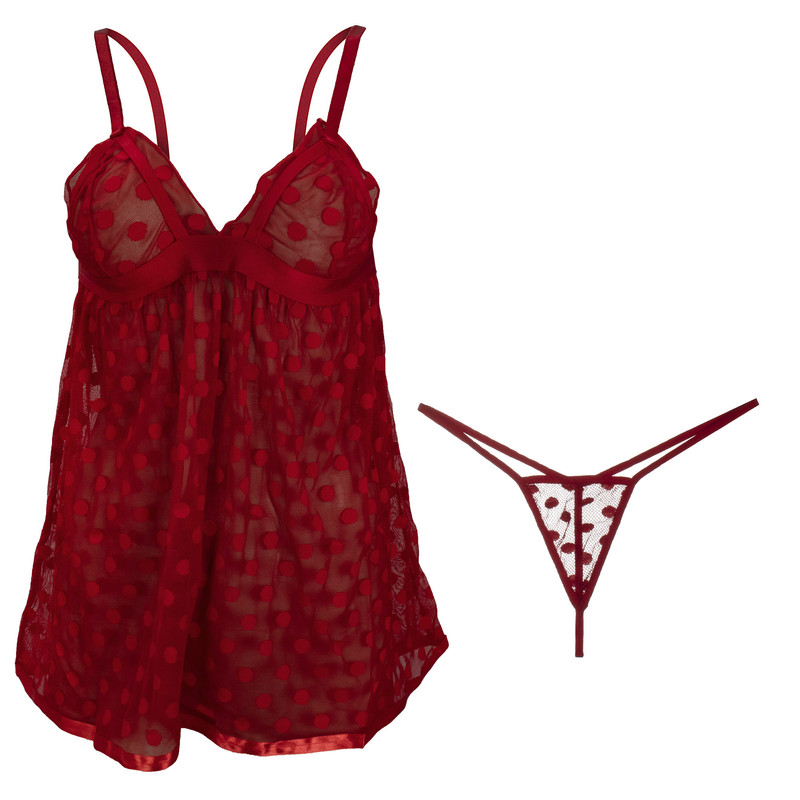 لباس خواب زنانه مدل تور و گیپور خال خال رنگ قرمز