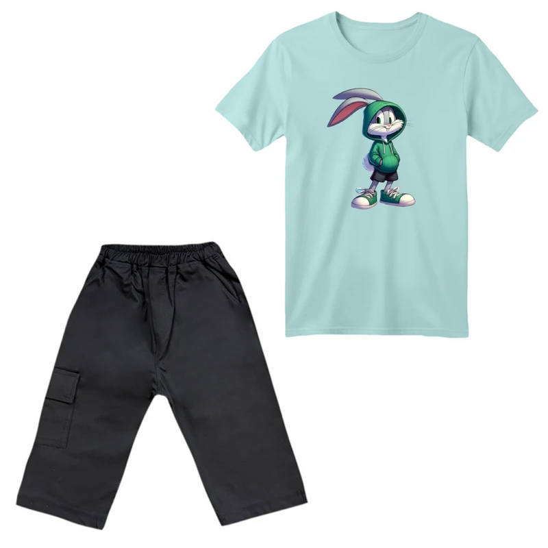 ست تی‌شرت آستین کوتاه و شلوارک دخترانه مدل خرگوش هودی پوش