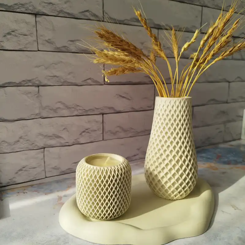 ست دو تکه گلدان و جاشمعی بتنی مدل سلینا به همراه سینی