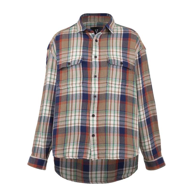 پیراهن آستین بلند مردانه هفت مدل 75465 چهارخانه کرم قهوه ای