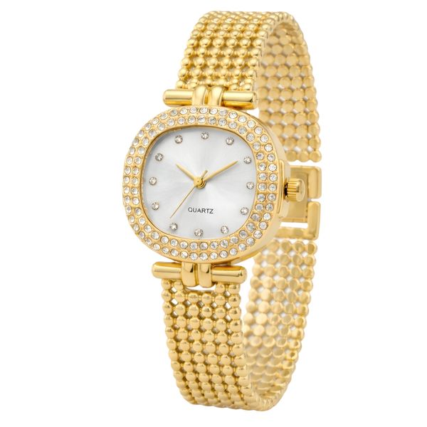 ساعت مچی عقربه‌ای کوارتز زنانه مدل لوکس قاب دور نگین بند طرح بافت کد ۳