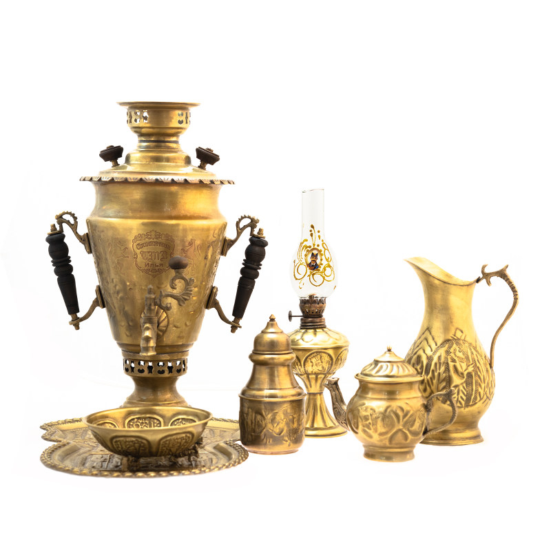 سرویس سماور ذغالی 7 پارچه برنجی مدل سوزنی کد S_4190