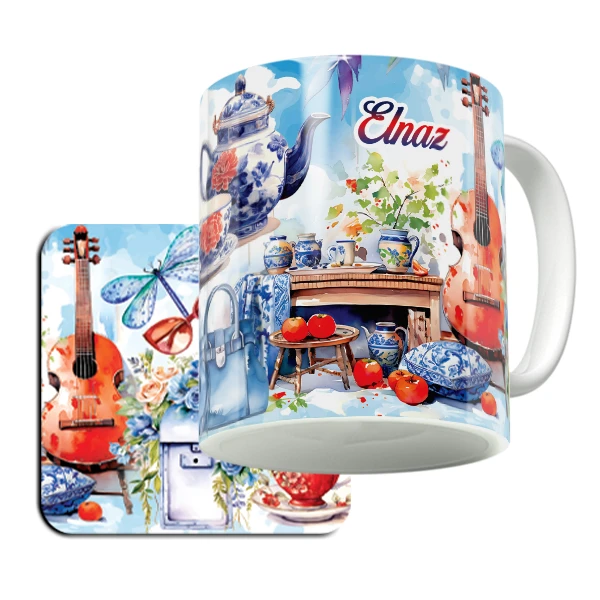 ماگ لاژید مدل اسم الناز طرح نقاشی آبرنگ به همراه زیر لیوانی