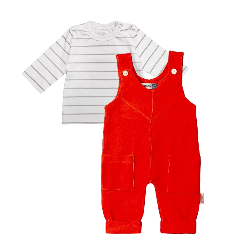 ست تی شرت آستین بلند و سرهمی نوزادی آدمک مدل راه راه کد 210002