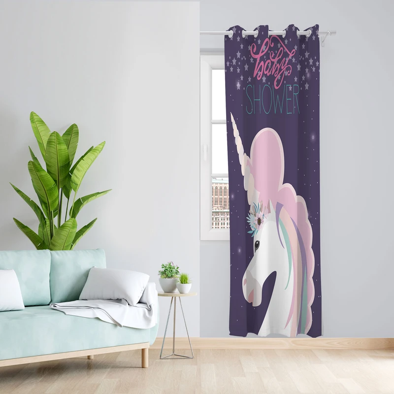پرده مدل اسب تک شاخ مخمل پانچی کد 2142 سایز 140x280 سانتی متر