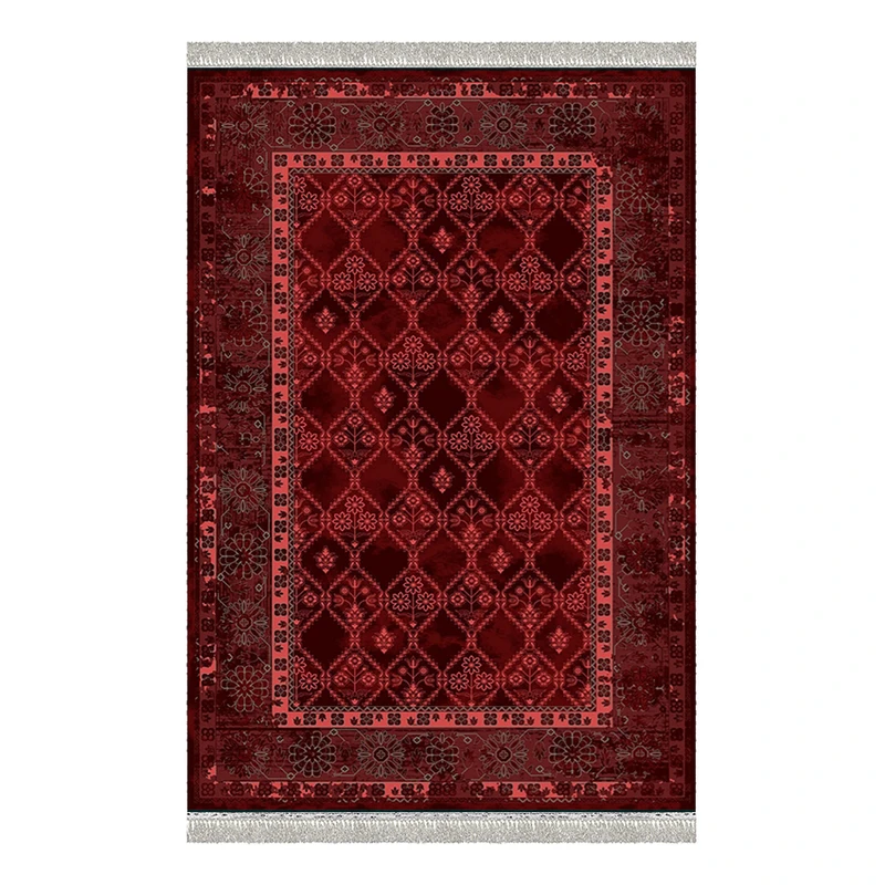 فرش ماشینی 1000 شانه هانوکس زمینه قرمز لاکی حاشیه چند رنگ مدل مدرن کد L336