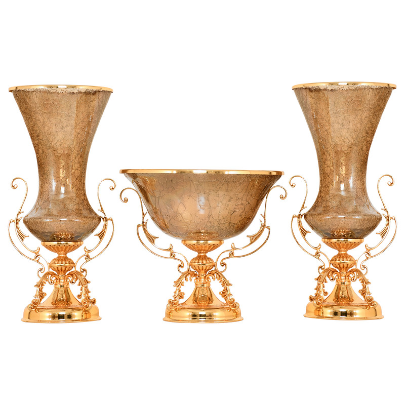 گلدان دکوری مدل بلوری پایه برنزی بسته سه عددی