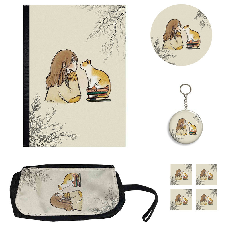 ست لوازم التحریر طرح فانتزی دختر و گربه کد 1 بسته 8 عددي