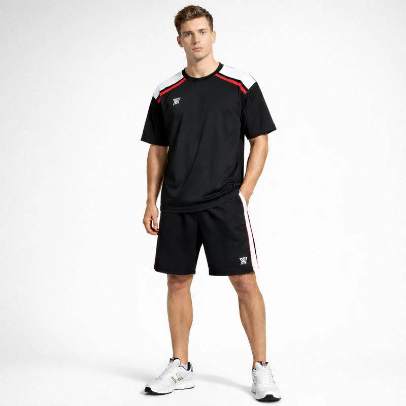 ست تی شرت آستین کوتاه و شلوارک ورزشی مردانه نوزده نودیک مدل st1918 bw