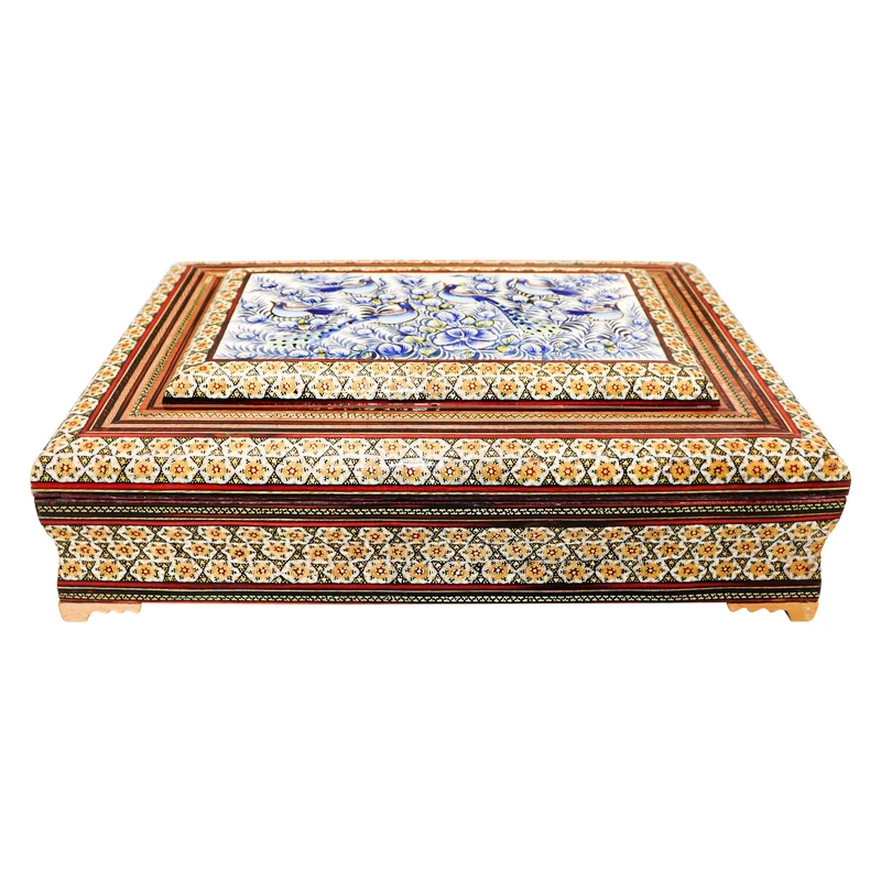 جعبه قرآن کریم خاتم‌ کاری چوبی صنایع دستی فاخر مدل نقشینه طرح گل و مرغ برجسته کد Bl35p25