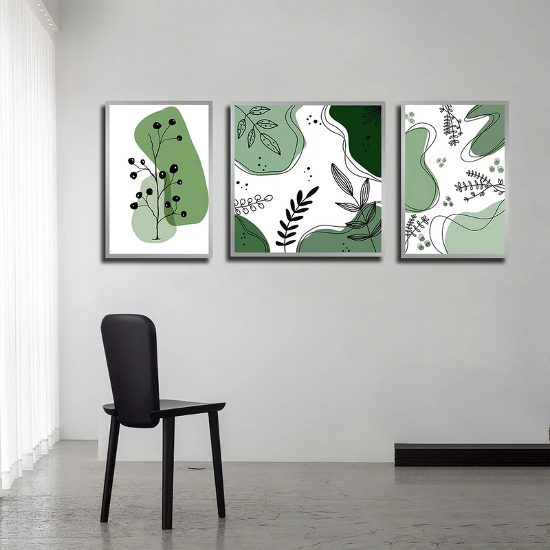 تابلو بکلیت طرح نقاشی مینیمال مدل SI-3926 فریم نقره ای مجموعه 3 عددی