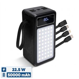 پاوربانک 22.5 وات پی زد ایکس مدل V89s PD Fast Charge ظرفیت 50000 میلیآمپرساعت به همراه چهار کابل متصل USB-A، USB-C، MicroUSB و لایتنینگ