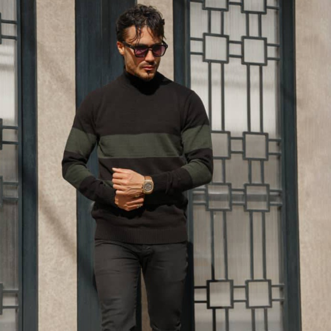 پلیور یقه اسکی مردانه مدل راه راه رنگ مشکی