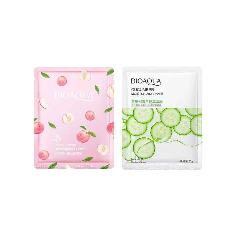 ماسک صورت بایو آکوا مدل هلو وزن 25 گرم به همراه ماسک صورت مدل خیار