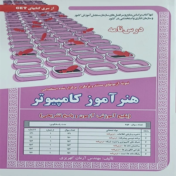 کتاب نمونه آزمون های مستند و پر تکرار برگزار شده استخدامی هنر آموز کامپیوتر درسنامه اثر مهندس آرمان کهریزی انتشارات سازمان سنجش