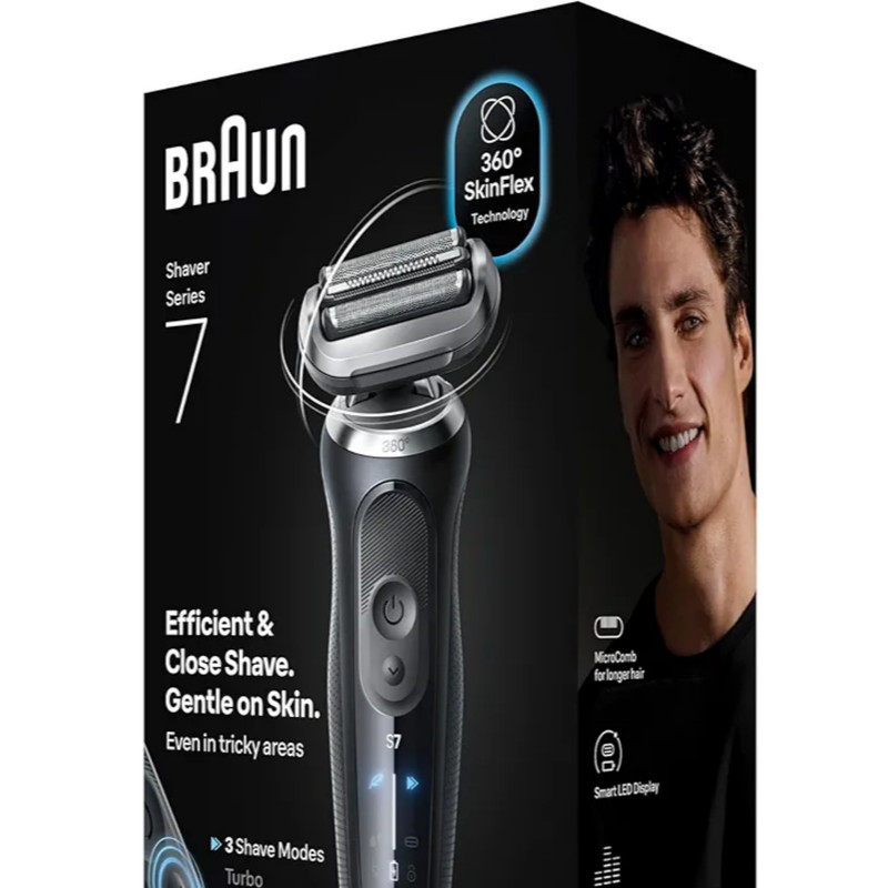 ماشین اصلاح موی صورت شارژی براون مدل series7 72-N4200cs با فناوری AutoSense، تیغه‌های استیل ضدزنگ، ضدآب، اصلاح صفر زن و خط زن، باتری لیتیوم یون با 60 دقیقه کارکرد، نمایشگر LED، استفاده خشک و مرطوب، همراه با برس تمیزکننده و کیف نگهداری