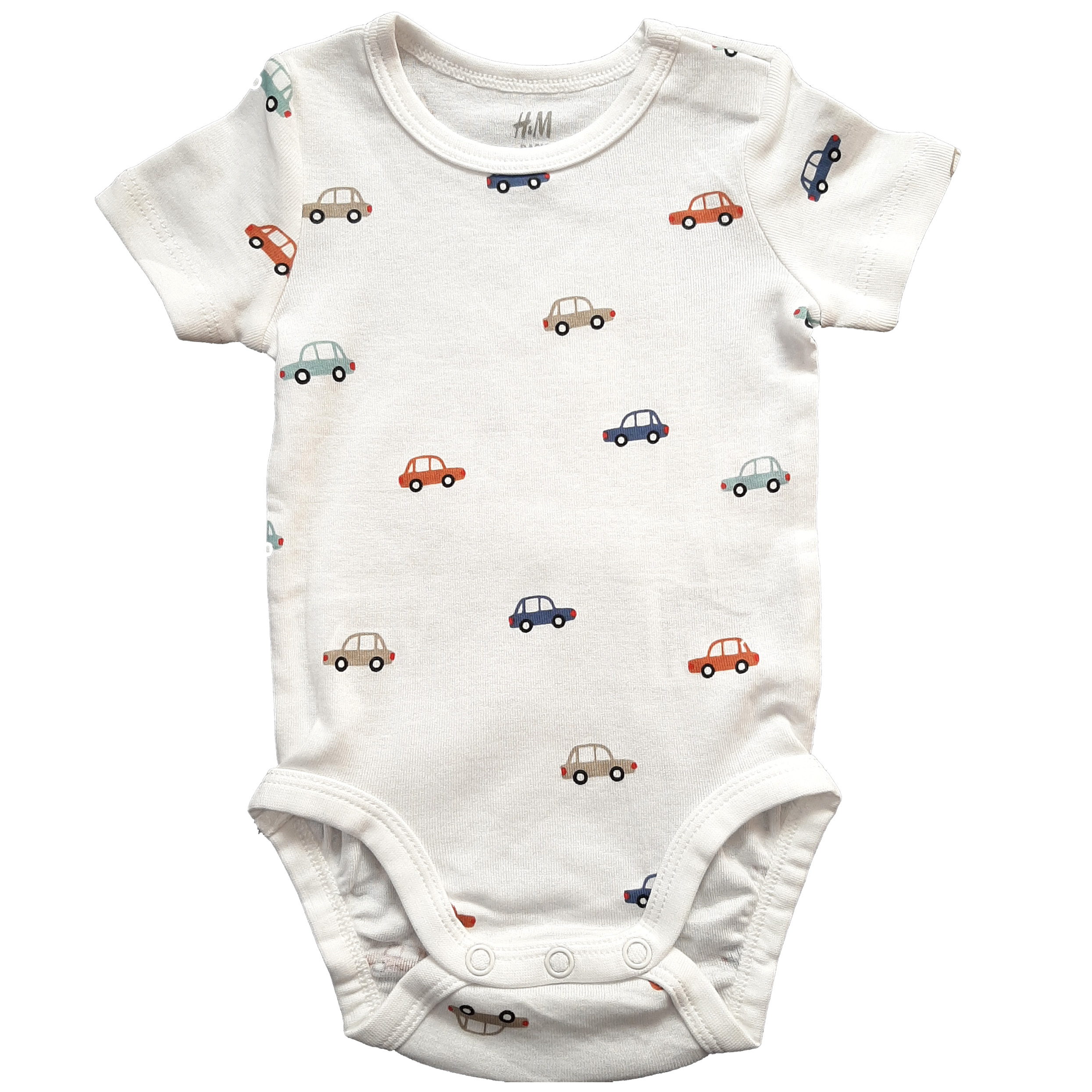 بادی آستین کوتاه نوزادی اچ اند ام طرح ماشین رنگ سفید  