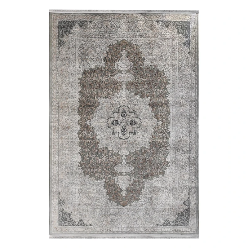 فرش ماشینی 700 شانه فرش آرمانی زمینه طوسی حاشیه نسکافه ای طرح مدرن کد 7141