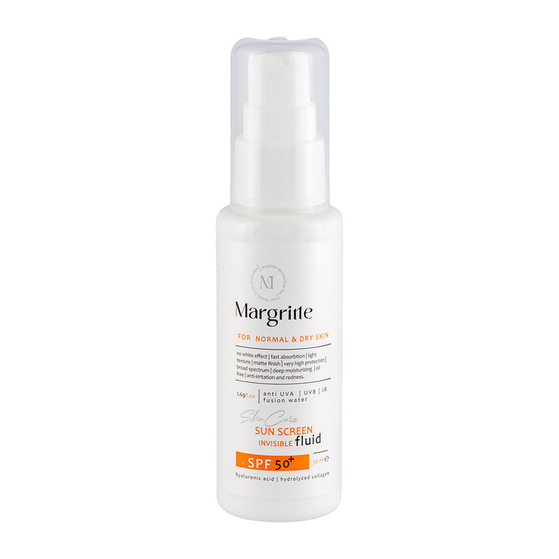 فلوئید ضد آفتاب بدون رنگ مارگریت SPF 50 مدل fusion Water محافظ UVA و UVB، ضد لک و روشن کننده، مناسب برای پوست های خشک و نرمال حجم 50 میلی لیتر