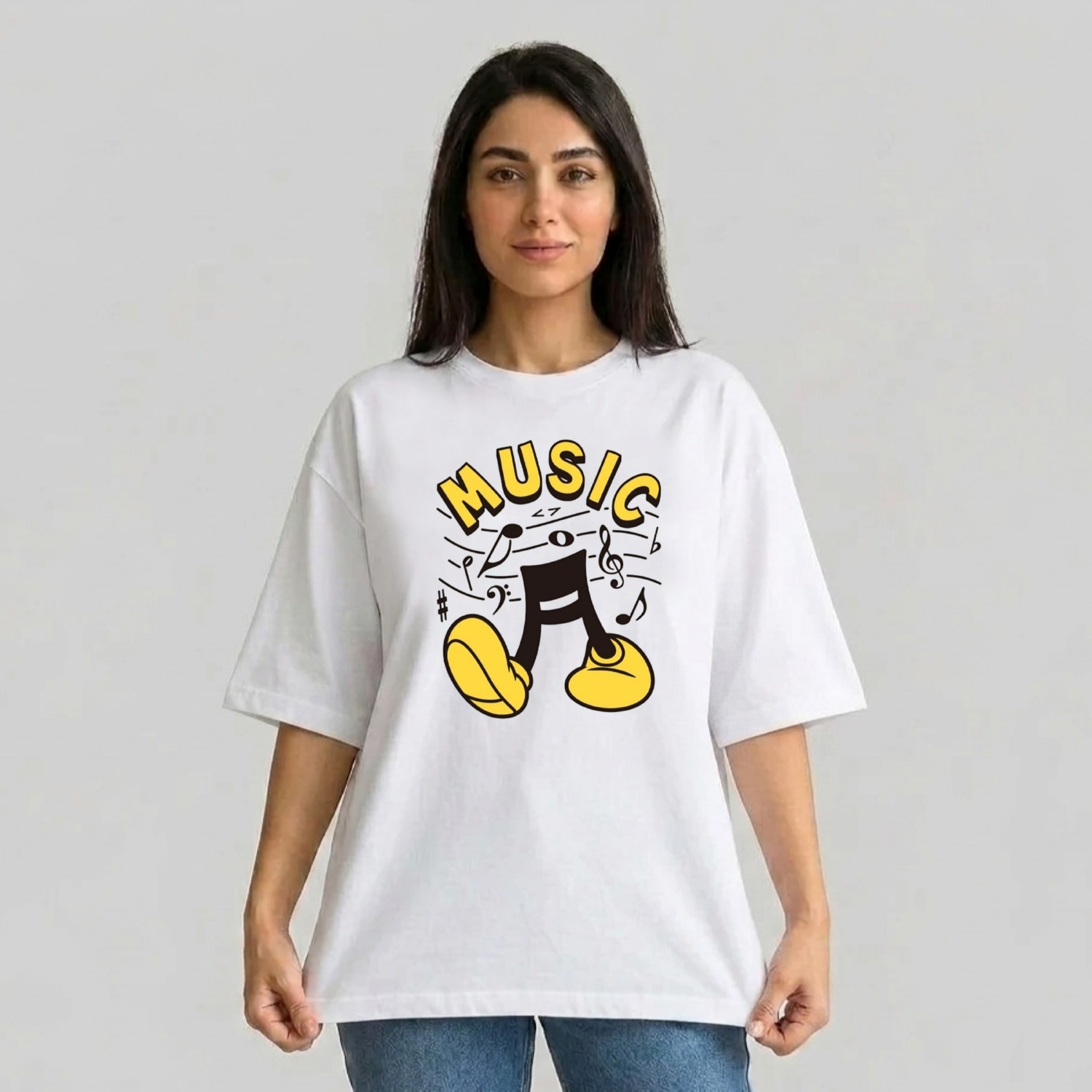 تی شرت آستین سه ربع زنانه مدل باکسی طرح نت موزیک کد v1