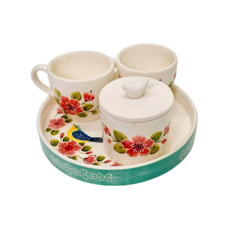سرویس چای خوری 4 پارچه دو نفره مدل گل و مرغ