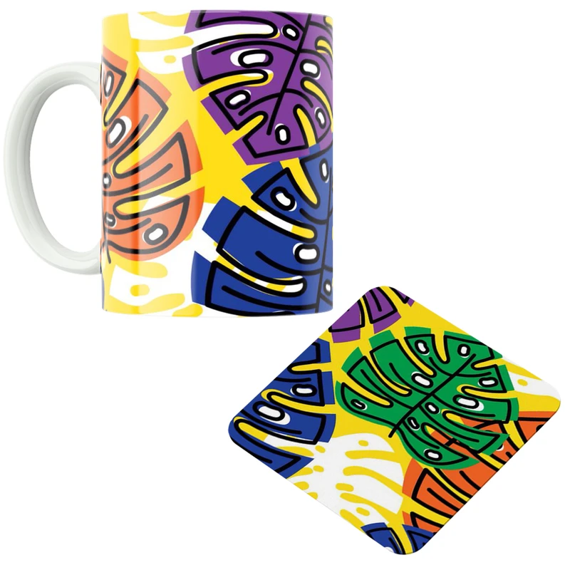 ماگ پاد آفرین مدل برگ های رنگی فانتزی کد DKC576 به همراه زیر لیوانی