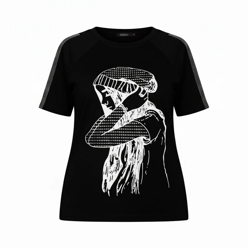 بلوز آستین کوتاه یقه گرد زنانه مدل سرشانه باز طرح دختر کلاه دار 