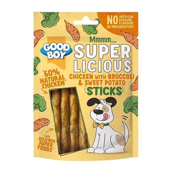 غذای تشویقی سگ گودبوی مدل super licious chiken with boroccoli & sweet potato sticks وزن 100 گرم