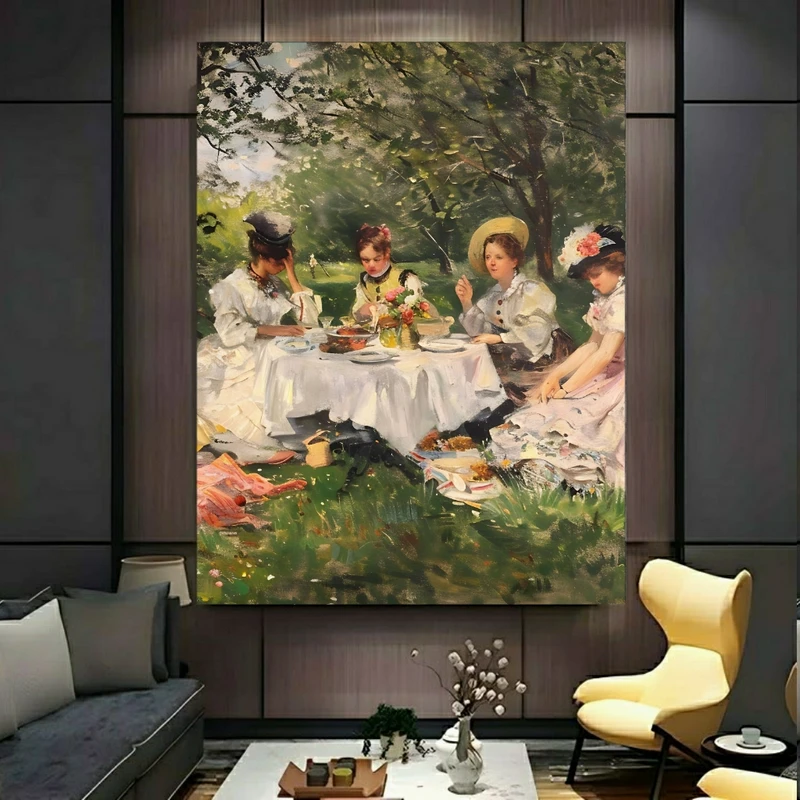 پوستر پارچه ای طرح مخمل مدل صرف غذا در باغ کد PY938