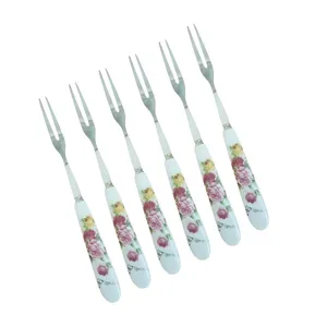 چنگال اردوخوری مدل دسته سرامیکی گلدار کد F-F31 بسته 6 عددی