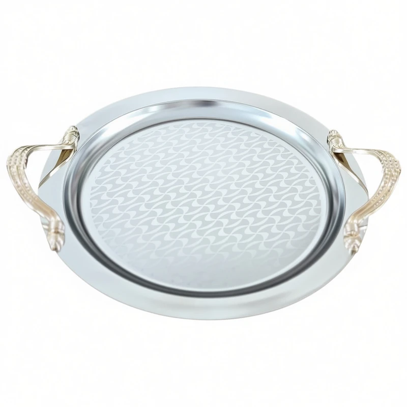 سینی استیل دسته‌دار مدل اوریو گرد طرح‌دار کد G220 سایز 45*45 سانتی متر 