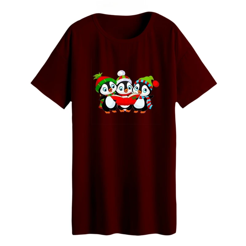 تی شرت لانگ زنانه مدل پنگوئن کریسمس کد 1