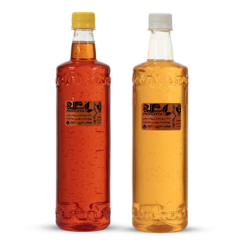 شربت غلیظ و شکردار گلاب زعفران و شربت کاسنی زعفران پورکاوه - 1100 میلی لیتر بسته 2 عددی