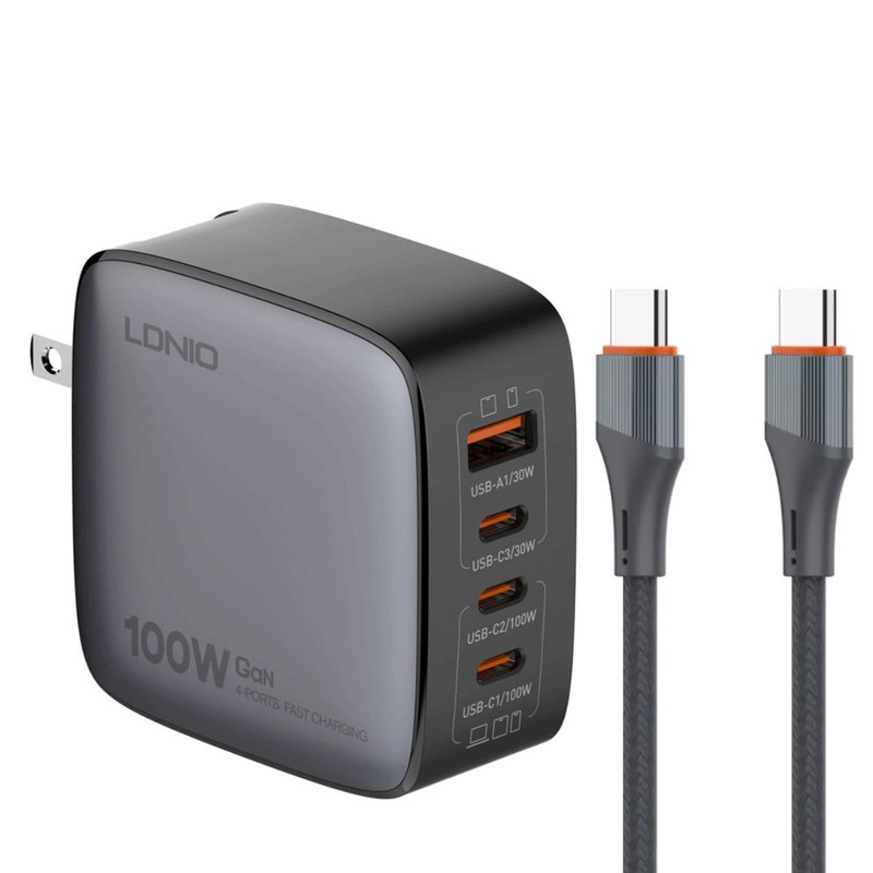 شارژر دیواری ۱۰۰ وات ۴ پورت الدینیو مدل Q408 به همراه کابل USB-C