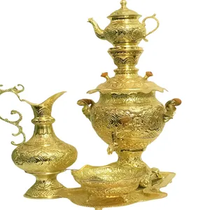 سرویس سماور ذغالی 5 پارچه برنجی طرح قلم زنی کد 4