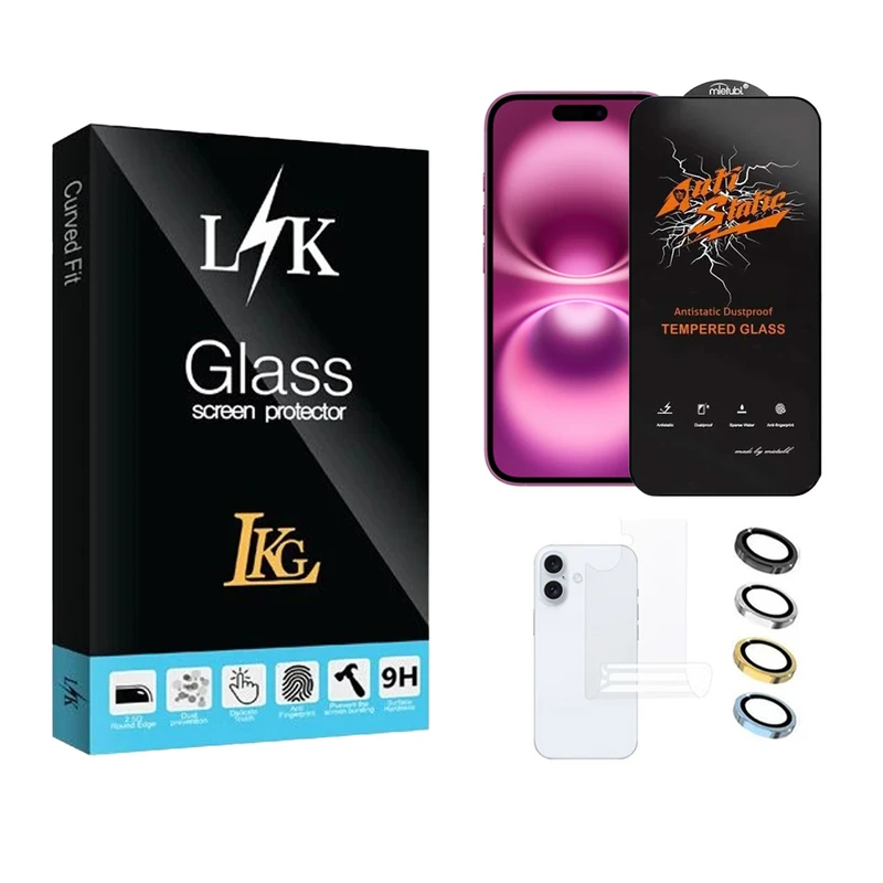 محافظ صفحه نمایش ال کا جی مدل انتی استاتیک مناسب برای گوشی موبایل اپل iPhone 16 به همراه محافظ پشت گوشی و محافظ لنز